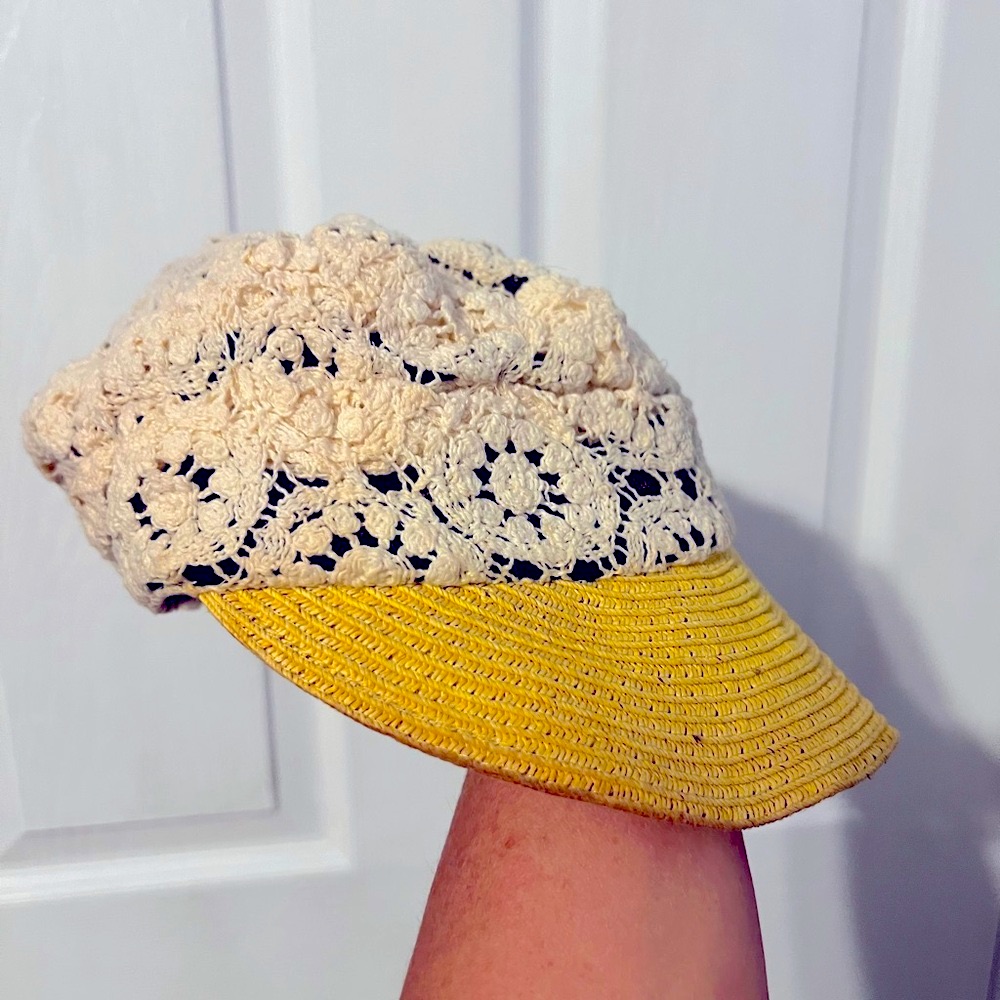 Vintage 1970s Ladies Crocheted Cap Hat With Yellow Straw Visor